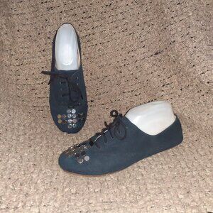 MARC BY MARC JACOBS-Navy Canvas-Round Silver Studs-Lace-Up Flats-Sz 39-Excellent